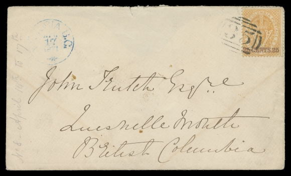 BRITISH COLUMBIA  1871 (April 27) Clean cover bearing a 25c orange perf 14, fresh colour and neatly tied by grid 