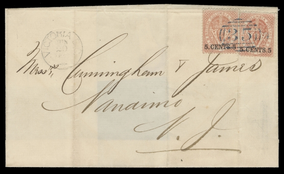 BRITISH COLUMBIA  Folded cover franked with two 5c on 3p bright red perf 14 tied by central superb strike of grid 