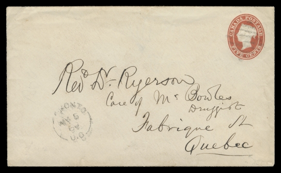 CANADA - 20 POSTAL STATIONERY  1860 (September 22) 5c red Nesbitt postal envelope Seneca double arc dispatch to Toronto; also another  1860 (May 5, early usage) postmarked Toronto and mailed to Quebec, F-VF (Webb EN1)