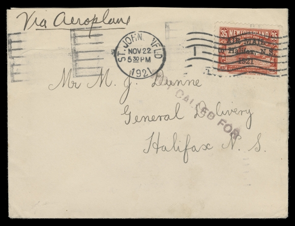 NEWFOUNDLAND -  7 AIRMAIL  Two overprint types: Narrow Spacing between "AIR" and "MAIL", no period and with period after "1921" on respective St. John