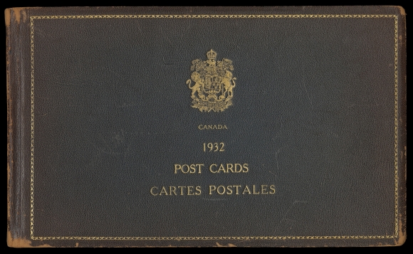 CANADA - 20 POSTAL STATIONERY  With brown leather cover and gold "Coat of Arms" and "Canada / 1932 Post Cards / Cartes Postales" imprint, contains all 70 sepia cards of the 1932 2c Arch issue shown on 22 uncut panes of four cards each. Some edge wear to covers only, split inside front binding, panes are in nice shape. The first such presentation booklet containing these postal stationery cards we recall offering, F-VF (Webb P124/P125-P1 cat. $2,000)