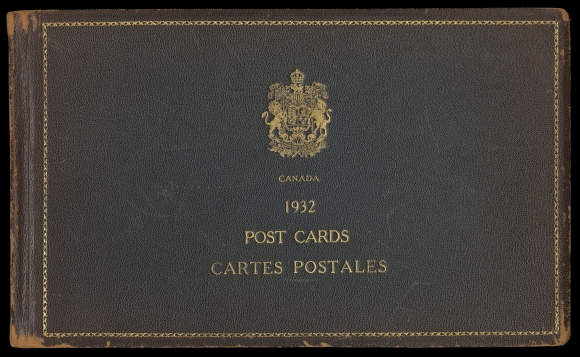 CANADA - 20 POSTAL STATIONERY  With brown leather cover and gold "Coat of Arms" and "Canada / 1932 Post Cards / Cartes Postales" imprint, contains all 70 sepia cards of the 1932 2c Arch issue shown on 22 uncut panes of four cards each. Some edge wear to covers only, split inside front binding, panes are in nice shape. The first such presentation booklet containing these postal stationery cards we recall offering, F-VF (Webb P124/P125-P1 cat. $2,000)