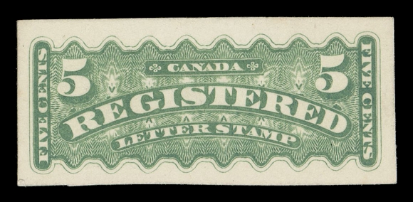 CANADA - 15 REGISTRATION STAMPS  F2,A plate proof single in the distinctive yellow green shade, printed directly on thin white card, scarce, VF