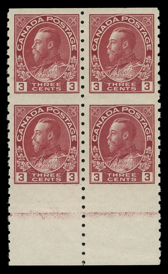CANADA -  8 KING GEORGE V  130a,A post office fresh mint block imperforate horizontally, characteristic dark rich colour, quite well centered for this very challenging issue and displaying unusually intact perforations and usual strength Type D lathework, full pristine original gum. A scarce lathework multiple in choice condition, VF NH