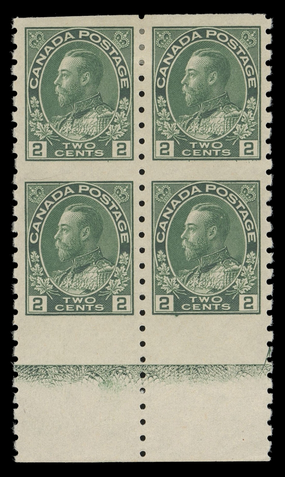 CANADA -  8 KING GEORGE V  128ai,A superb mint block imperforate horizontally, precise centering unlike most we have seen, distinctive darker colour, part guide arrow at right and showing much higher strength Type D lathework than normally seen; XF H