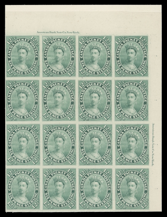 CANADA -  3 CENTS  18TC,A corner margin plate proof block of sixteen on card mounted india paper, showing full American Bank Note Co. New York imprint on two sides, fresh and choice, a visually striking block, VF