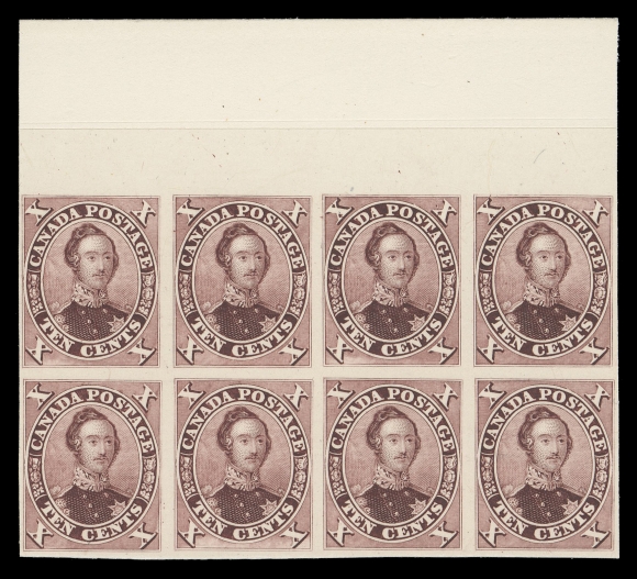 CANADA -  3 CENTS  17TCi + variety,Trial colour plate proof block of eight (Pos. 4-7 / 14-17) on card mounted india paper,  sheet margin at top; second proof in second row shows the Major Short Entry variety - the best of the these with very noticeable lightness of background cross-hatching at foot between both "X", VF (Cat. as normal single proofs)