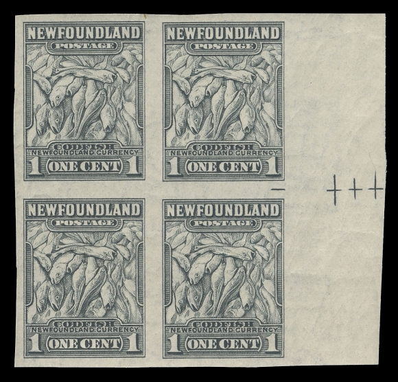 NEWFOUNDLAND -  6 1941-1944 RESOURCES  253a,Positional imperforate block from right-centre of sheet with  guideline and cross marks, some gum wrinkles typical of Waterlow  printings, most appealing and VF NH (Cat. as two pairs)