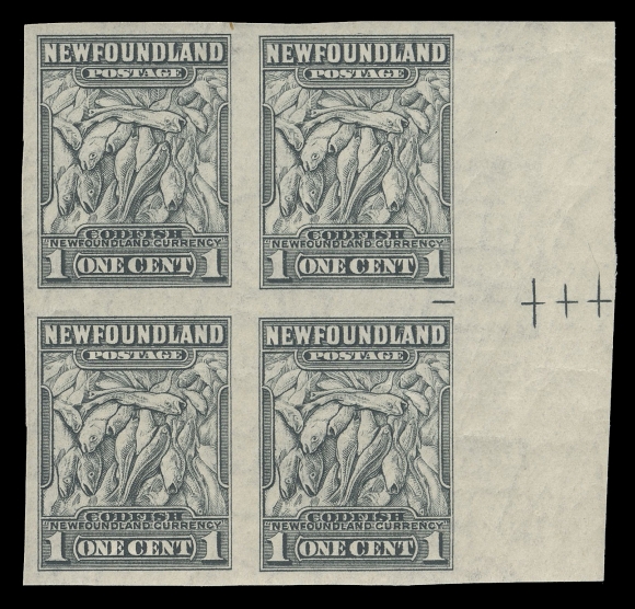 NEWFOUNDLAND -  6 1941-1944 RESOURCES  253a,Positional imperforate block from right-centre of sheet with  guideline and cross marks, some gum wrinkles typical of Waterlow  printings, most appealing and VF NH (Cat. as two pairs)