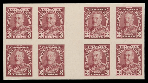 CANADA -  8 KING GEORGE V  217-222,The set of six plate proof blocks of eight in issued colours on card mounted india paper; each with vertical gutter margin (12mm wide) at centre. A beautiful set of interpanneau proof multiples, VF (Unitrade cat. $4,800 as single proofs)