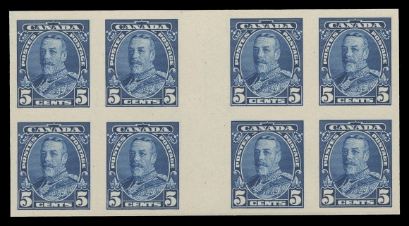 CANADA -  8 KING GEORGE V  217-222,The set of six plate proof blocks of eight in issued colours on card mounted india paper; each with vertical gutter margin (12mm wide) at centre. A beautiful set of interpanneau proof multiples, VF (Unitrade cat. $4,800 as single proofs)