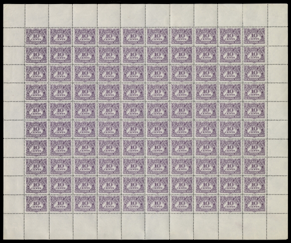NEWFOUNDLAND -  8 BACK-OF-BOOK  J7, i, ii,A lovely fresh mint full sheet of 100, showing the constant varieties "POSTAGE LUE" (Pos. 23, 28) and period after "DUE" (Pos. 91, 96), well centered with full original gum, hinge strengthening in top selvedge only leaving stamps VF NH; a scarce intact sheet. (Unitrade cat. $3,325 as singles)