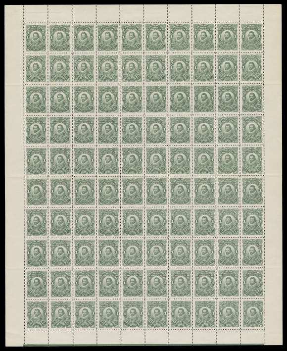 NEWFOUNDLAND -  4 1897-1947 ISSUES  87b, iv, xi, xvi,Mint sheet of 100, fresh and well centered, folds horizontally along perfs; shows the constant varieties "NFW", "Jamrs", "E-W" joined and "ONE