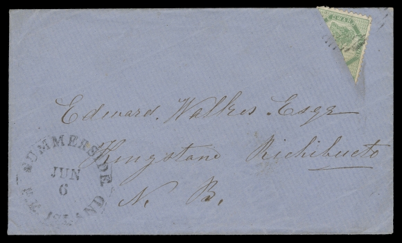 PRINCE EDWARD ISLAND  1871 (June 6) Blue cover in unusually choice condition mailed from Summerside to Richibucto, New Brunswick, bearing a well centered diagonally bisected 6p yellow green, perf 11½-12, faint corner crease from placement, clearly tied by oval grid cancellation, clear Summerside / P.E. Island JUN 6 large circular dispatch at left; pays the Colonial 3p letter rate to New Brunswick (then part of Canada), partially legible Shediac and clear Kingston Kent receiver backstamps. A very attractive example of this immensely rare bisect usage and especially desirable in well-above average condition, VF (Unitrade 7c cat. $9,000)

Expertization: clear 1992 BPA certificate

The great rarity of a bisected 6 pence is clearly demonstrated by the fact that James Lehr, author of "The Postage Stamps and Cancellations of Prince Edward Island 1814-1873" does not record any usage of this bisect on cover (see page 69; table 9-1). We are aware of two other single bisect 6 pence covers; one with minor flaw was sold in our Highlands Part Three, June 2019; Lot 78 - realized $6,000 hammer.