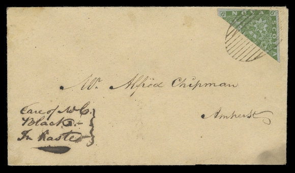NOVA SCOTIA -  1 PENCE  1860 (August 14) Small cover from Kentville to Amherst, bearing a very fresh  diagonally bisected 6p yellow green, just touching at top right to large margins, superbly tied by well-struck oval grid, minor soiling at lower right, very clear Kentville AU 14 1860 double arc dispatch, oval "H" (Halifax) AU 15 transit and Amherst AU 16 receiver backstamps, a nice bisect cover, F-VF; 1954 PF cert. (Unitrade 4a)