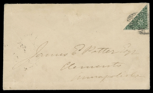 NOVA SCOTIA -  1 PENCE  1860 (July 5) Cover mailed from Halifax to Clements Port, franked with a choice diagonally bisected 6p dark green Heraldic, large margins on both sides and tied by oval grid cancel, partly legible Halifax, Nova Scotia JY 5 1860 double arc dispatch,  next-day Clements Port receiver backstamps; missing backflap has since been replaced. Pays the 3 pence domestic letter rate, F-VF; 1982 Friedl certificate (Unitrade 5a cat. $8,000)