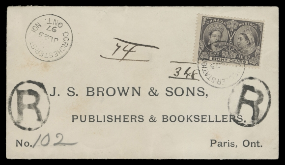 CANADA -  6 1897-1902 VICTORIAN ISSUES  1897 (June 25) Preprinted envelope mailed registered to Paris, Ontario, franked with single 8c dark violet tied by Dorchester Station Ont. JU 25 97 postmark less than a week after Day of Issue of the series, second strike at left, oval "R" registry handstamps, Lon. Ham. & Tor. M.C. RPO CDS and Paris JU 26 97 receiver backstamps, pays the 3c letter rate plus 5 cent registration, VF (Unitrade 56)