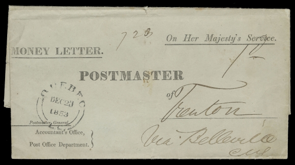 CANADA STAMPLESS COVERS  1853 (December 23) Blue wrapper imprinted "Money Letter" and "On Her Majesty