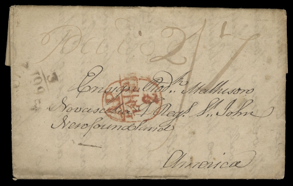 NEWFOUNDLAND STAMPLESS COVERS  1811 (March 12) Folded entire from Beauly, Scotland with portion  of dispatch at left, prepaid "2/7" and addressed to Navy Ensign  junior ranking officer, from Regiment Nova Scotia at St. John
