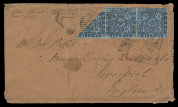NOVA SCOTIA -  1 PENCE  1856 (November 15) Reddish brown envelope endorsed "per first Steamer" in manuscript, bearing a bisected strip of three of the 3p dark blue on bluish wove paper, minor creases on right stamp but large margined and nicely tied by oval grid cancels, Albion Mines double arc dispatch and partial oval (Halifax) NO 18 transit, British claim "5" handstamp in back; light wrinkles and cover wear, a very scarce bisect cover paying the 7½ pence letter rate to the United Kingdom (effective August 1, 1854). (Unitrade 3a cat. $6,000)