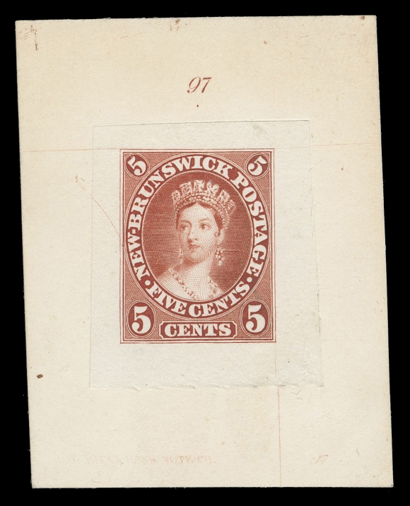 NEW BRUNSWICK  8,Remarkably choice “Goodall” die proof, printed in brownish red on india paper 27 x 32mm, sunk on card 44 x 56mm; clear die number "97" above and albino impression of ABNC imprint below design. A beautiful and rare proof, XF (Minuse & Pratt 8TC2a)