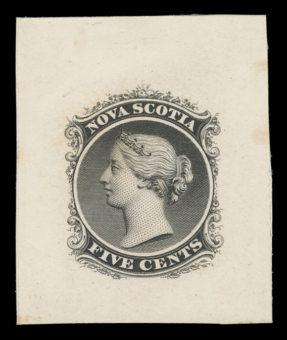 NOVA SCOTIA -  2 CENTS  10,Trial Colour Die Proof printed in black, issued colour of the One cent, on card mounted india paper 34 x 42mm, rare and appealing, VF (Minuse & Pratt 10TC2a)