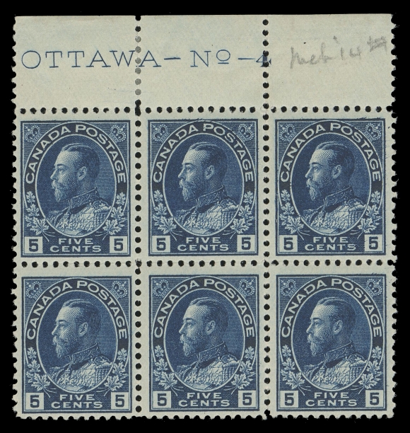 CANADA -  8 KING GEORGE V  111,An impressive mint Plate 4 block of six with "OTTAWA - No - 4" complete imprint in top margin, pencil date of acquisition at right, quite well centered on top row, lightly hinged in selvedge only leaving all six stamps never hinged. A rare plate block, especially attractive with such a dark rich shade, F-VF NH (Unitrade cat. $3,120 as singles)