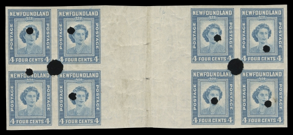 NEWFOUNDLAND -  4 1897-1947 ISSUES  269v + variety,A rare imperforate inter-panneau block of eight with wide gutter (45mm) margin between blocks, archival Waterlow security punch. Usual wrinkling as always for these, full original gum, VF NH.
