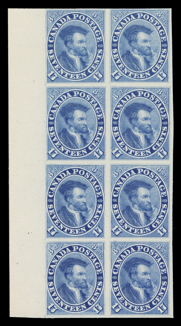 CANADA -  3 CENTS  19TC + variety,Trial colour plate proof block of eight in pale blue on card mounted india paper (Pos. 21-22 / 51-52), sheet margin at right, VFA documented Re-entry found at Position 41 (first stamp in third row) shows doubled lines around top right "8".