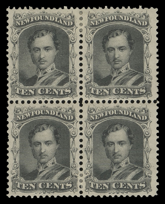 NEWFOUNDLAND -  2 CENTS  27a,An exceptionally well centered mint block of the elusive first printing, distinctive deep colour and impression, couple minor gum bends, unusually large part original gum relatively lightly hinged; right-hand stamps are superb with seldom seen large margins. A challenging stamp to find let alone in such lovely condition, VF-XF