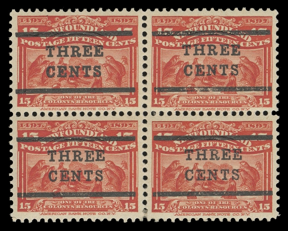 NEWFOUNDLAND -  4 1897-1947 ISSUES  128, 128i,An extremely well centered mint block of this scarcer surcharge type, shows the elusive Raised "E" variety (Pos. 22 in the setting of 25 subjects) at lower left, VF LH