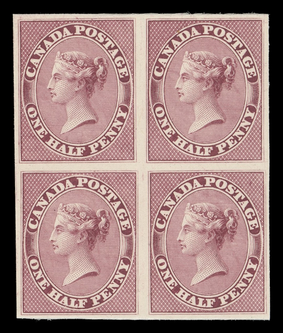 CANADA -  2 PENCE  8TC,Trial colour plate proof block in deep rose on card mounted india paper (Pos. 45-46 / 55-56 from the trimmed plate of 100 subjects), choice with radiant colour and impression, XF