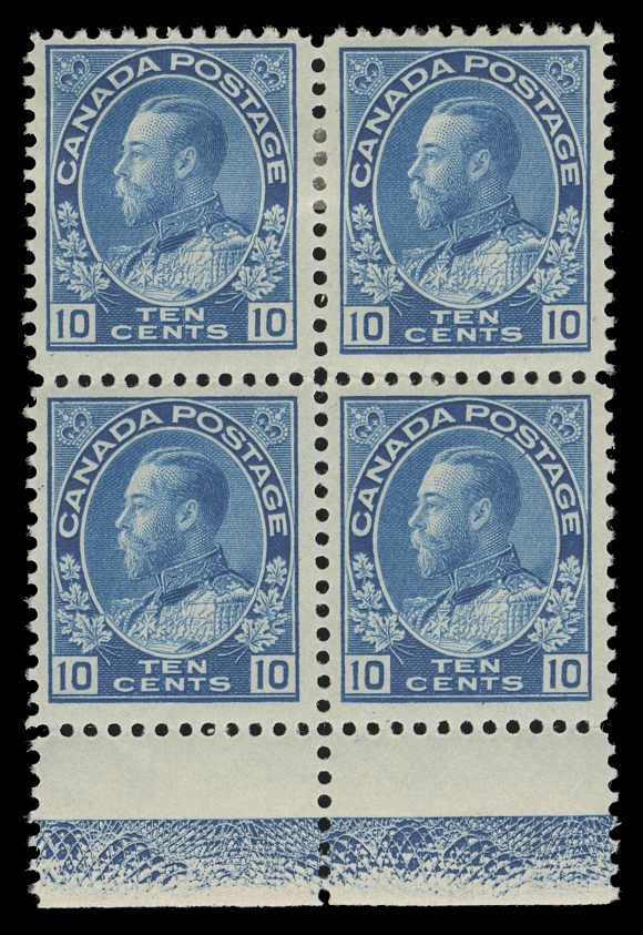 CANADA -  8 KING GEORGE V  117,A brilliant fresh mint block displaying 80% strength Type D lathework, noticeably superior to what one is accustomed to seeing on the Ten cent blue, hinge remnants on top pair, the key lower pair with pristine original gum, never hinged. An appealing and scarce lathework multiple, VF (Unitrade cat. as two lathework singles)