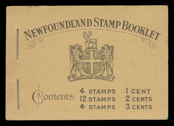 NEWFOUNDLAND -  8 BACK-OF-BOOK  BK2a,A complete booklet in unusually choice condition, contains well centered perf 13.2 panes of 1c green, 2c rose (3) and 3c orange brown and all advertising pages, fresh with clean, unmarked covers, VF+ NH
