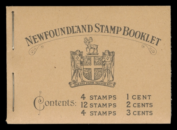 NEWFOUNDLAND -  8 BACK-OF-BOOK  BK3,A complete booklet containing all five panes line perf 14 - 1c grey black, 2c green Die I (3) and 3c orange brown and all advertising interleaves. A lovely booklet with pristine, unmarked covers, XF NH
