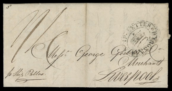 NEW BRUNSWICK STAMPLESS COVERS  Folded entire lettersheet with "Saint John NB 13 January 1810" dateline, carried by private ship to Plymouth, struck with neat double oval Ship - Letter "Crown" Plymouth handstamp. At Plymouth the letter was rated "1/4" in manuscript - charged the ship letter fee of 5 pence and 11 pence inland postage to Liverpool (for a distance of 295 miles; the 11p rate was applied for distance between 230-300 miles), VF