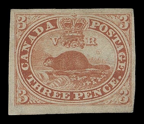 THREE PENCE AND FIVE CENTS  4c,An unusually large margined unused single of this distinctive printing, completely devoid of the flaws so often seen on this notoriously fragile paper; easily one of the finest examples extant, VFExpertization: 2023 Greene Foundation certificate