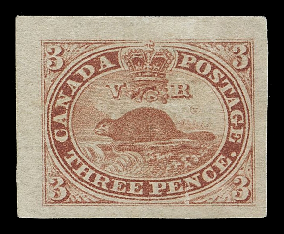 THREE PENCE AND FIVE CENTS  4,A fabulous unused corner margin single (Pane A, Position 1), very large margins on the other two sides, printed in a bright shade with clear impression on thick white wove paper showing the distinctive horizontal mesh of a late printing, trivial trace of a surface scrape. One of the most striking unused examples one can hope to find, XFExpertization: 2023 Greene Foundation certificate (as sound)Provenance: Fred Jarrett Canada Pence Collection, Sissons Sale 166, October 1959; Lot 4 - described as "rose red, contemporary Die Proof".