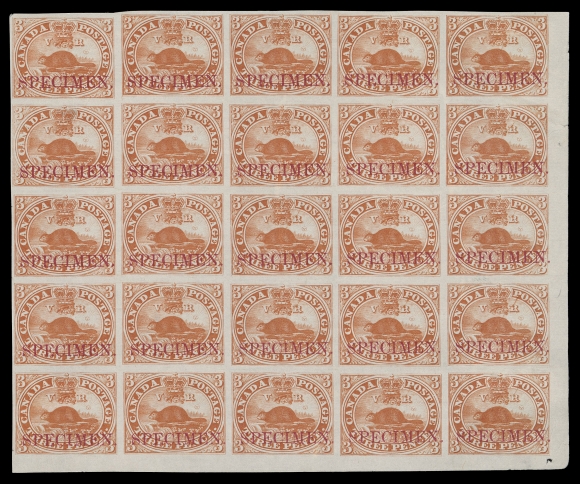 THREE PENCE AND FIVE CENTS  1TC + variety,An impressive corner margin plate proof block of twenty-five from Pane B, Positions 56-60 / 96-100, printed in the issued colour on india paper with horizontal SPECIMEN overprint in carmine, small pinhole in lower right margin resulting from positioning the specimen overprints. Very scarce and among the largest surviving multiples, VF (Unitrade cat. as normal proofs)Provenance: Clayton Huff Part 2, Maresch Sale 195, February 1987; Lot 9This block came from an early printing and is without plate imprints (insertion of the imprints only occurred following the Printing Order of October 1856). Position 66 shows a prominent Short Transfer variety at left side.