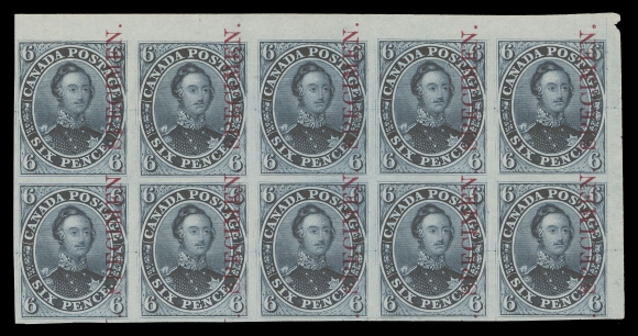 SIX PENCE AND TEN CENTS  2TCxi,A visually striking corner margin plate proof block of ten printed in the distinctive grey blue colour on india paper, vertical SPECIMEN overprint in carmine. A very scarce large multiple of this eye-appealing shade, VF