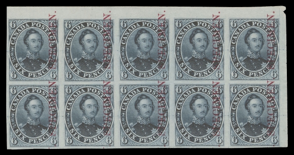 SIX PENCE AND TEN CENTS 2TCxi,A visually striking corner margin plate proof block of ten printed in the distinctive grey blue colour on india paper, vertical SPECIMEN overprint in carmine. A very scarce large multiple of this eye-appealing shade, VF