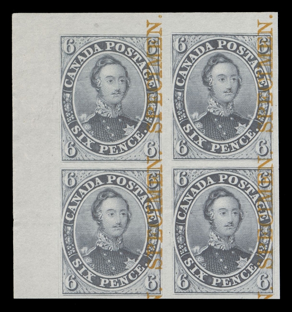 SIX PENCE AND TEN CENTS  2TCxiii,A superb positional plate proof block from the top left corner of the sheet, printed in lilac on india paper with vertical SPECIMEN overprint in orange, XF