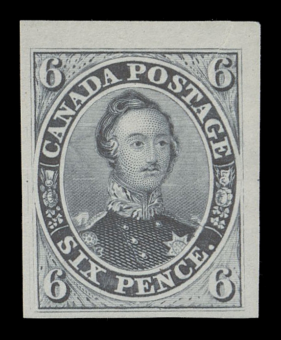 SIX PENCE AND TEN CENTS  2TCiii,An extremely scarce trial colour plate proof in grey (no specimen) on india paper, hardly discernible natural printing wrinkle at top, enormous margins including portion of upper sheet margin. It is believed a mere 10 examples exist, VFProvenance: The "Loch" Collection - Canadian Pence Issues, Firby Auctions, April 1999; Lot 12