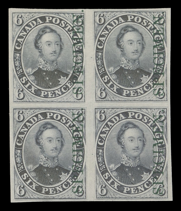 SIX PENCE AND TEN CENTS  2TCvi,A trial colour plate proof block, printed in grey on india paper with vertical SPECIMEN overprint in green, VF; ex. "Lindemann" (private treaty circa. 1997)