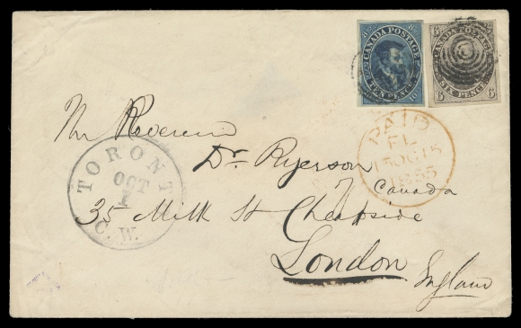 SIX PENCE AND TEN CENTS  1855 (October 1) An extraordinary cover from the well-known Ryerson correspondence, bearing an extremely rare franking consisting of full margined 6p slate violet on laid paper and 10p blue on thin, hard crisp wove paper, nicely tied by concentric rings, paying the special non-contract 16-Pence Collins Line Letter Rate during the "Crimean War Period", attractive large Toronto OCT 1 dispatch CDS at left, London Paid 15 OC 1855 CDS struck in red on arrival below franking; on reverse guarantee handstamps of Gilbert & Koehler (the famous stamp firm from early 1900s in Paris) and John Seybold, well known pioneer postal history collector. A superb item of great rarity - quite likely the finest existing 16-Pence "Crimean War" cover, XF (Unitrade 2, 7)Provenance: John Seybold, J.C. Morgenthau & Co., March 1910; Lot 609Consul Weinberger, Harmers of London, July 1997; Lot 29ONLY ONE OTHER COVER FRANKED WITH A SINGLE SIX PENCE ON LAID PAPER & A TEN PENCE IS KNOWN TO EXIST. WITHOUT QUESTION, ONE OF THE CHOICEST OF ALL REPORTED FULLY PREPAID 16-PENCE COVERS MAILED DURING CRIMEAN WAR PERIOD (JANUARY 1855 TO JANUARY 1856). AN IMPORTANT PENCE ERA COVER.Literature: Illustrated and discussed in Arfken, Leggett, Firby & Steinhart "Canada