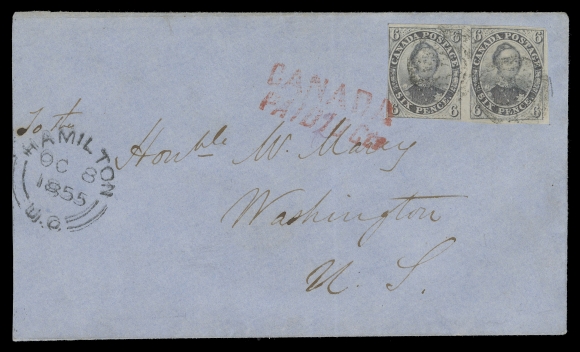 SIX PENCE AND TEN CENTS  1855 (October 8) Blue cover from Hamilton to Washington bearing a horizontal pair of 6p slate violet on laid paper, displaying very prominent laid lines, just touching design to large margins and tied by light concentric rings and by border exchange office "CANADA / PAID 10 CENT" two-line handstamp in red with "1" digit changed to "2" in manuscript, clear Hamilton dispatch at left, no backstamp as customary for mail to the U.S.; light vertical cover fold well away from stamps. A very scarce multiple franking paying a 12 pence double letter rate to the United States, Fine (Unitrade 2)Provenance: J.G. Glassco, Harmer Rooke & Co., January 1945; Lot 865Gold Medal Collection - Canadian Pence Issues on Covers, Harmers of New York, October 1982; Lot 8Sam Nickle Pence Issue Collection, Firby Auctions, October 1988; Lot 156