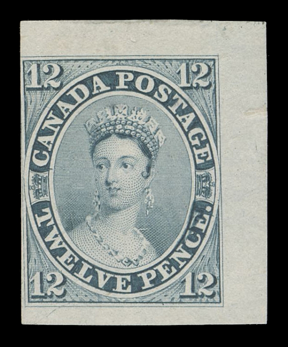 TWELVE PENCE  3TC,"Goodall" die proof, engraved, printed in greenish blue on india paper and showing the characteristic "scar" at "CE" of "PENCE", touching outer frameline at left to very large margins on other sides, trivial flaws on reverse, Fine and rare (Minuse & Pratt 3TC3g; Unitrade cat. $12,500)Provenance: Fred Jarrett Canada Pence, Sissons Sale 166, October 1959; Lot 67