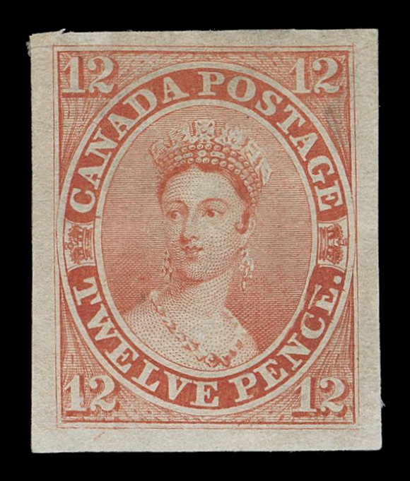 TWELVE PENCE  3TC,"Goodall" Die Proof, engraved, printed in red orange on india paper, slight soiling, originating from Compound Die with the distinctive, characteristic "scar" at "CE" of PENCE, VF (Minuse & Pratt 3TC3a)