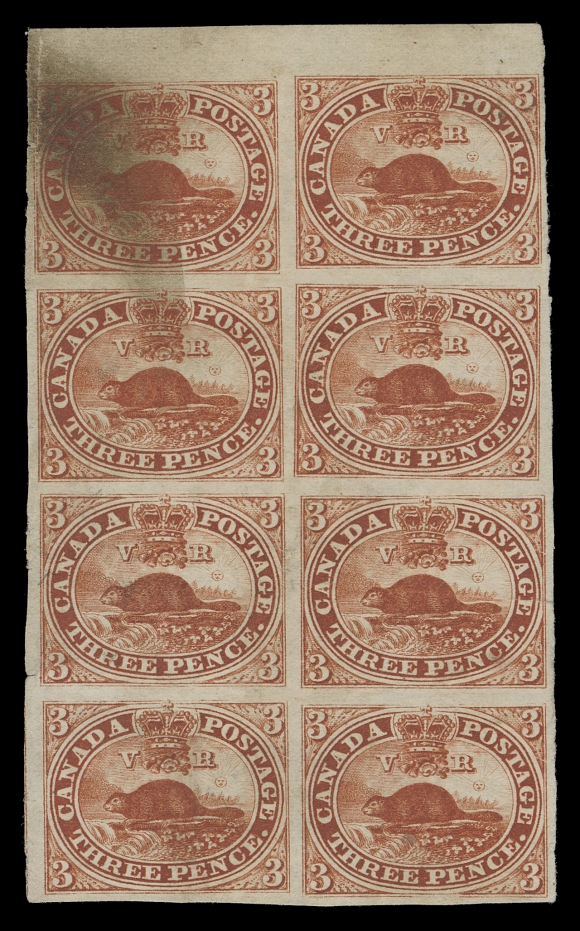 THREE PENCE AND FIVE CENTS  4a,A rare used block of eight (Pane A; Positions 8-9 / 38-39), stain at top left and some faults but otherwise nice appearance. One of the largest known multiples extant in any condition.Expertization: 1995 RPS of London certificate Provenance: Dr. Lewis L. Reford Collection of British North America, Part Two, Harmer, Rooke & Co., October 1950; Lot 137The "Pipkin" Collection, Sissons Sale 338, June 1974; Lot 41Kasimir Bileski Pence Issue Collection, Eaton & Sons, June 1995; Lot 217Literature: Illustrated in Fred Jarrett handbook "Stamps of British North America" on page 26 and described under "Rarities" headline on page 25 (largest multiple) "Used block of 8. Reford Collection."