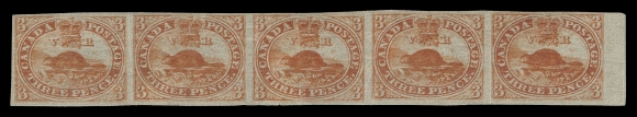 THREE PENCE AND FIVE CENTS  4iv,An impressive mint horizontal strip of five, remarkably retaining its full crackly original gum, usual creasing typical of this  fragile paper and couple tears, a wonderful and visually striking multiple with superb colour and freshness. A very rare mint  multiple, Fine+ OGProvenance: Fred Jarrett Pence Collection, Sissons Sale 166,  October 1959; Lot 148E. Carey Fox, First Portion, H.R. Harmer Inc., May 1968; Lot 259Duane Hilmer, Sotheby Parke Bernet Stamp Auction, September 1977; Lot 25